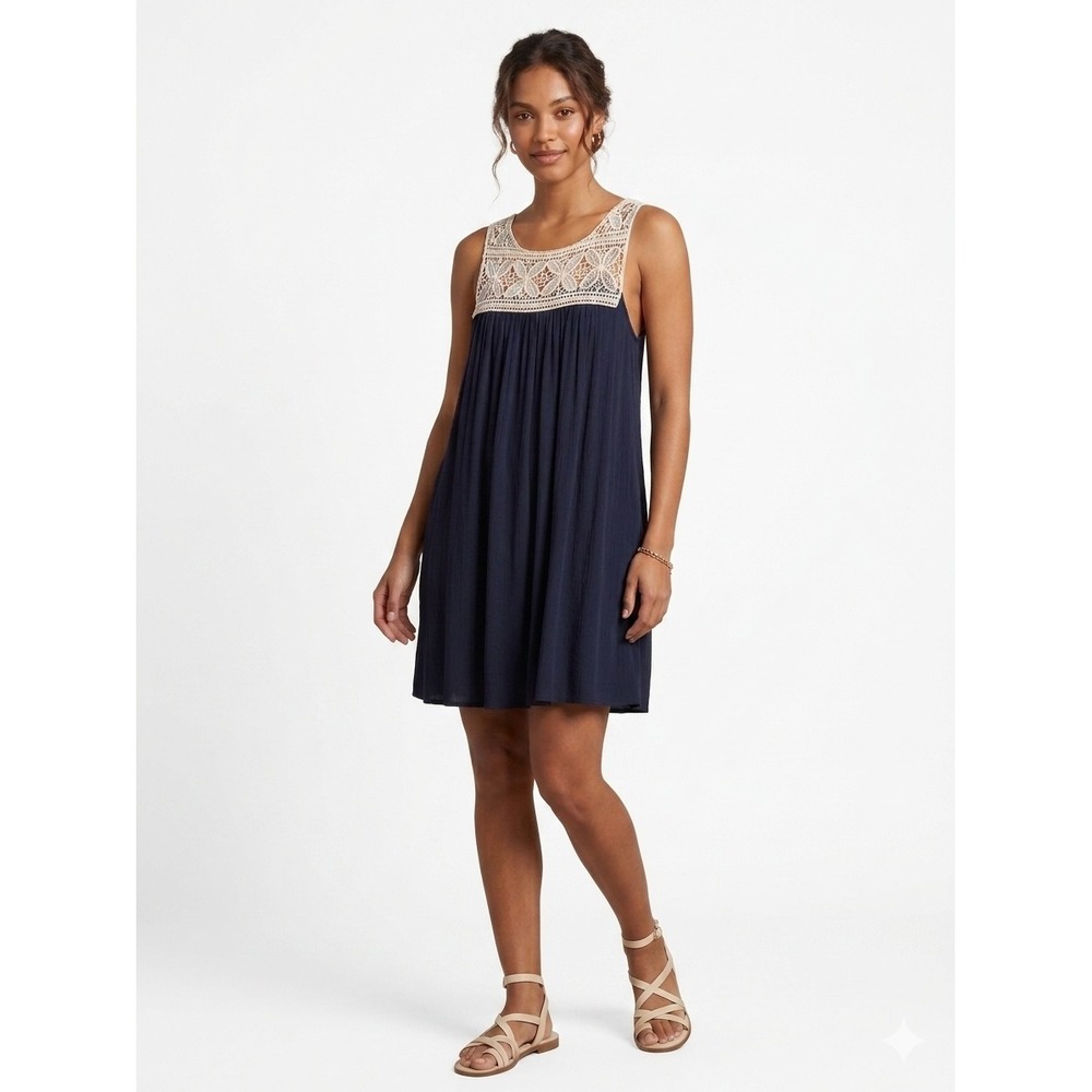 Charlotte Russe Navy Blue Crochet Lace Yoke Mini Dress Sleeveless Boho Shift L - Picture 9 of 9